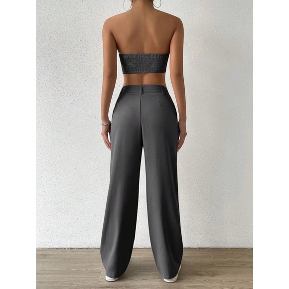 2 piece set: Solid Tube Top crop top & Wide Leg dress Pants cream - Picture 4 of 11